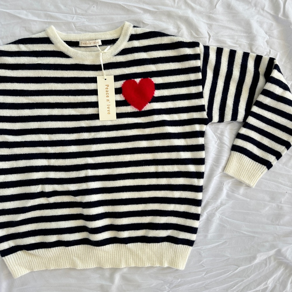 Super Soft Heart Knit Sweater - Navy and Cream Stripe Sweater Top NWT
